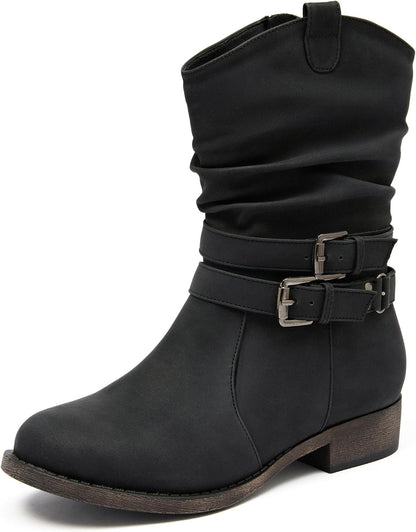 Women's Mid-Calf Cowboy Cowgirl Boots with Low Chunky Heel, Side Zipper, Motorcycle Style, Classic Round Toe,Fashion Western (Black/Dark Brown/Grey) Boots.