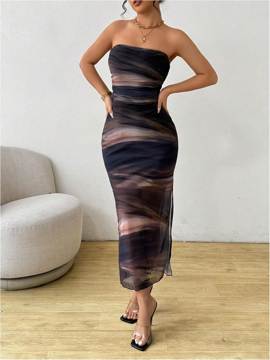 Milumia Women's Tie Dye Strapless Maxi Dress Mesh Split Bodycon Vacation Long Tube Dresses h