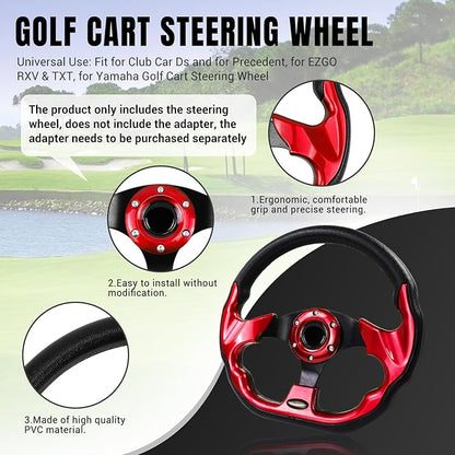 LOSCHEN Golf Cart Steering Wheel Universal Design Fit for Club Car Ds and Precedent EZGO RXV & TXT, Fit for Yamaha Golf Cart Steering Wheel-Red