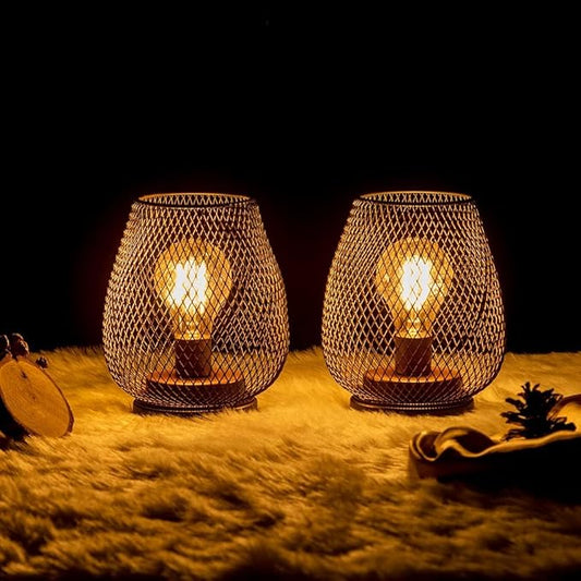 DECORKEY Set of 2 Battery Operated Lamp LED Table Lantern, Brown Metal Cage Cordless Lamps with LED Bulb,Vintage Decorative Outdoor Lantern for Weddings, Parties, Patio, Events for Indoors Shelf Decor