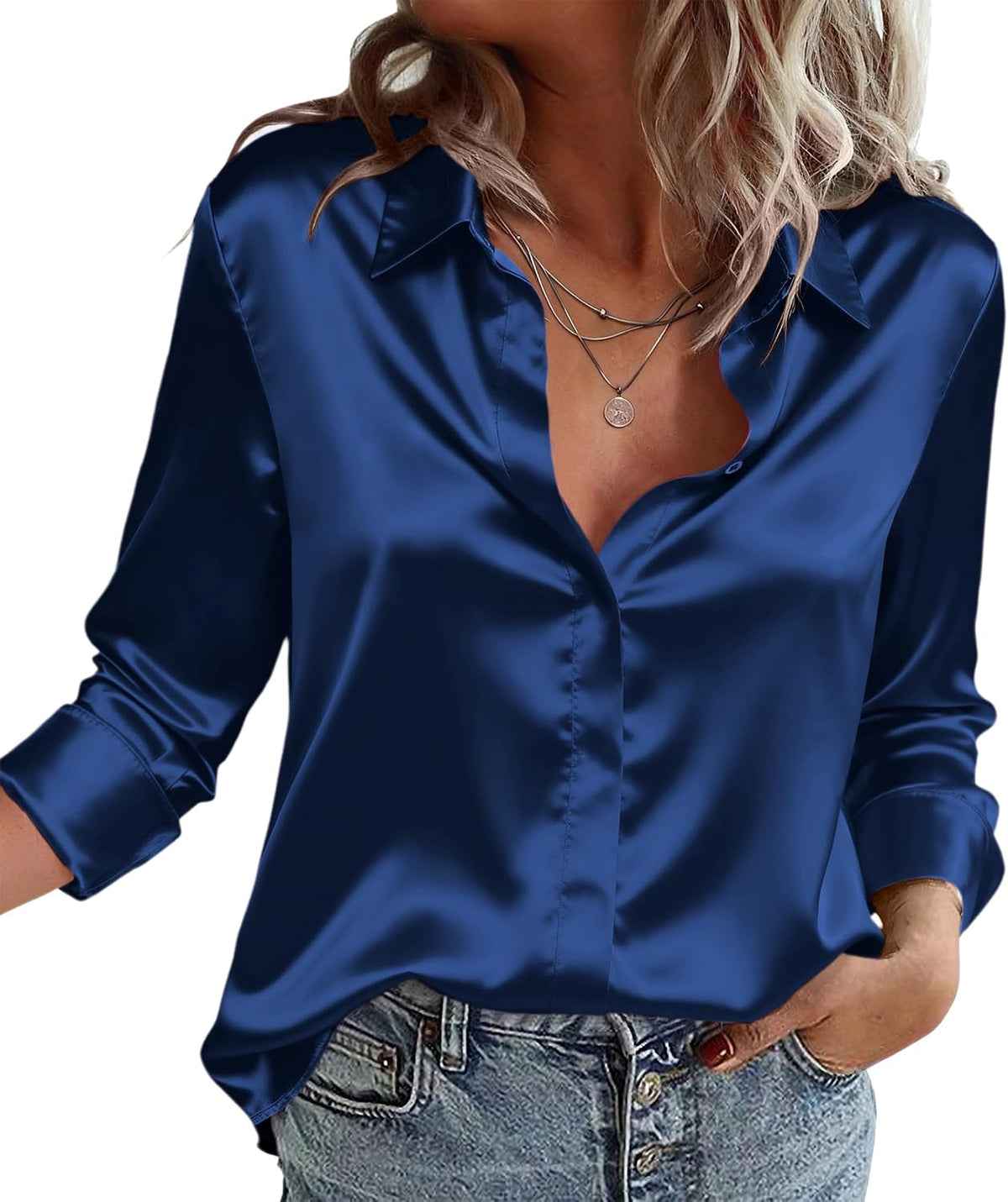 Zeagoo Satin Blouses for Women Casual Long Sleeve Button Down Silk Shirts Dressy Business Work Tunic Top.