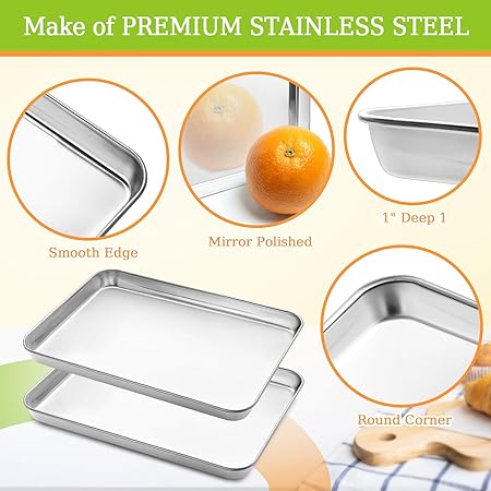 CEKEE Stainless Steel Baking Sheet Set of 2, Cookie Sheet for Baking Pan Tray, Toaster Oven Baking Pan Set, Rectangle Size 16 x 12 x 1 inch, Non Toxic, Mirror Finish  Rust Free, Dishwasher Safe