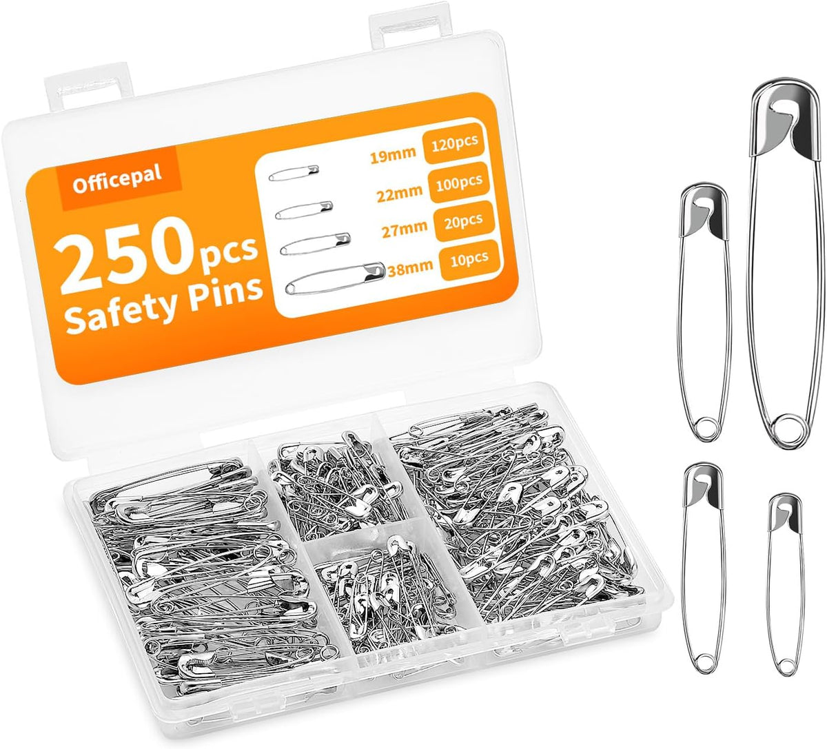 Premium Quality 4-Size Pack of Safety Pins- Top 250-Count Ц Durable, Rust-Resistant Nickel Plated Steel Set- Best Sewing Accessories Kit for Baby Clothing, Crafts, Arts (4-Size in 1 No.001)