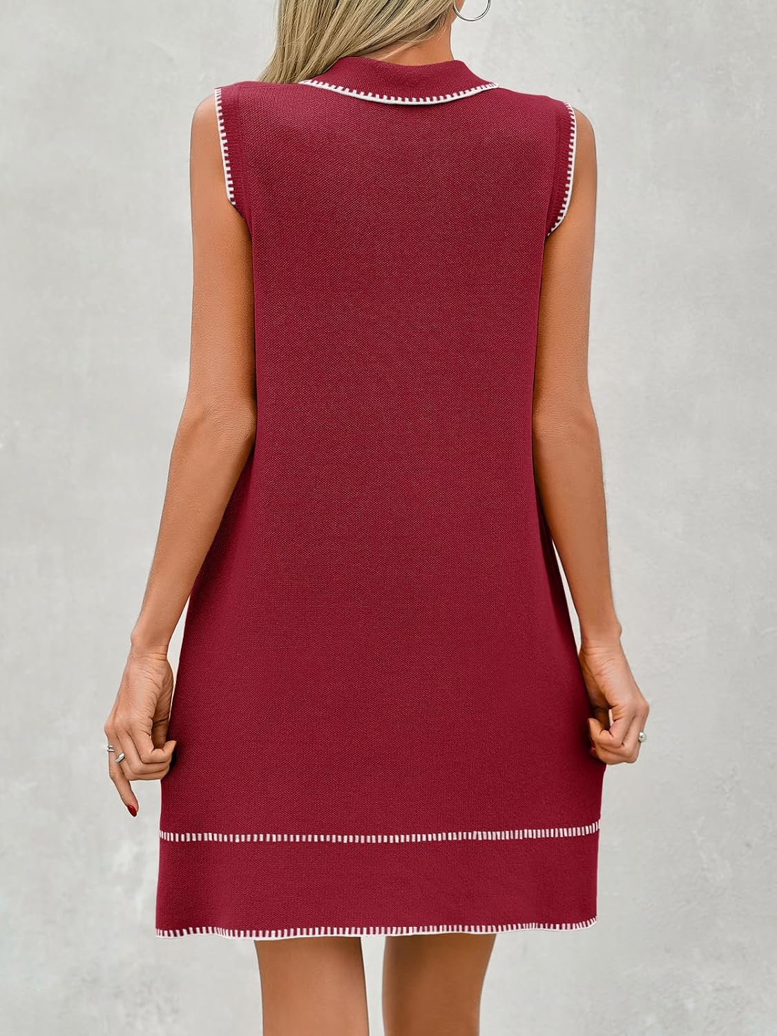 Wenrine Womens Sleeveless Mini Dress Casual Collared V Neck Contrast Stitch Loose Summer Knit Tank Dresses