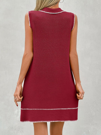 Wenrine Womens Sleeveless Mini Dress Casual Collared V Neck Contrast Stitch Loose Summer Knit Tank Dresses