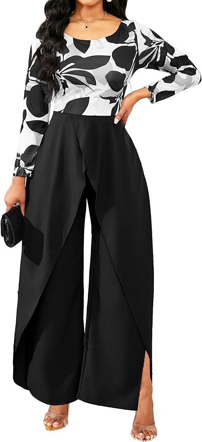 Casual Floral Jumpsuit for Women Dressy Elegant Scoop Neck Long Sleeve Long Pants Cocktail Party Rompers