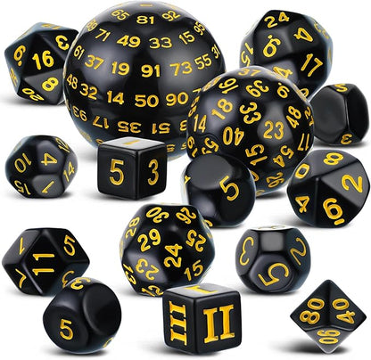 Civaner 15 Pcs Complete Polyhedral Dice Set D3-D100 Spherical RPG Dice Set in Opaque Black, 100 Sides for Role Playing Table Games Party Supplies(Black and Yellow)