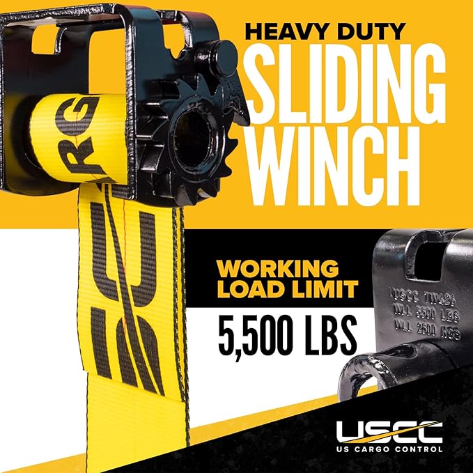 US Cargo Control Low Profile Sliding Winch for Double L Tracks, 4 Inch Winch Holds Up to 15 Feet of Webbing, Slides to Any Position for Winch Control, 5,500 LBS Working Load Limit