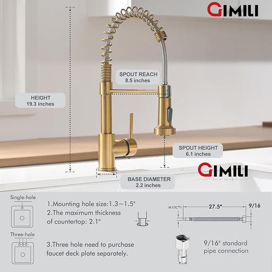 GIMILI Gold Kitchen Faucet with Sprayer,Modern Single Handle High-Arc Pull Out Kitchen Sink Faucet with Pull Down Sprayer