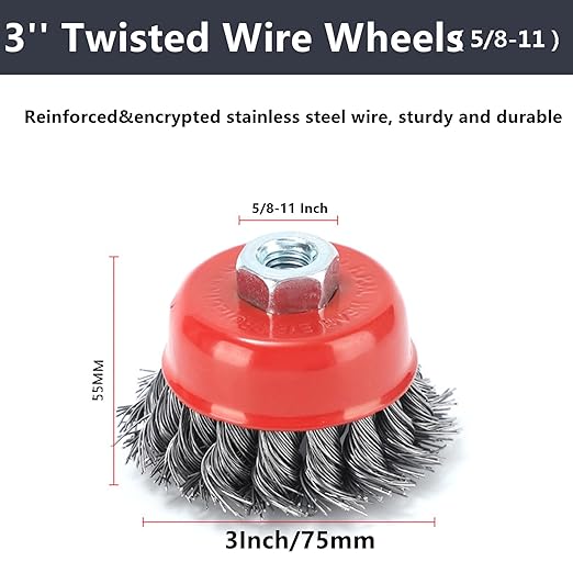 3 Inch Wire Brush for Angle Grinder - 58 Inch-11 Threaded Arbor Carbon Steel Twisted Knotted Wire Cup Brush for Heavy Cleaning Rust, Stripping and Abrasive