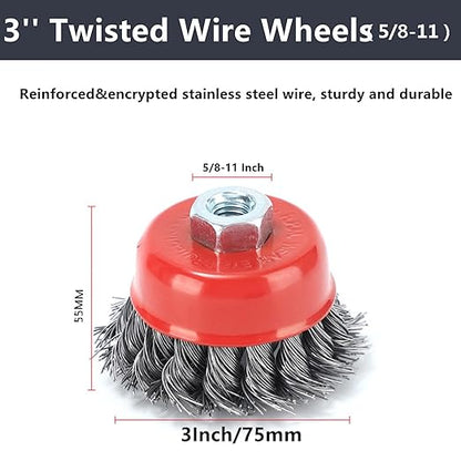 3 Inch Wire Brush for Angle Grinder - 58 Inch-11 Threaded Arbor Carbon Steel Twisted Knotted Wire Cup Brush for Heavy Cleaning Rust, Stripping and Abrasive