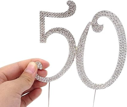 Honbay 50 Birthday Cake Topper Sparkly Bling Alloy Crystal Rhinestones Cake Topper Cake Decoration for 50th Birthday or Anniversary Party (Silver)