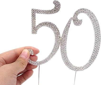 Honbay 50 Birthday Cake Topper Sparkly Bling Alloy Crystal Rhinestones Cake Topper Cake Decoration for 50th Birthday or Anniversary Party (Silver)