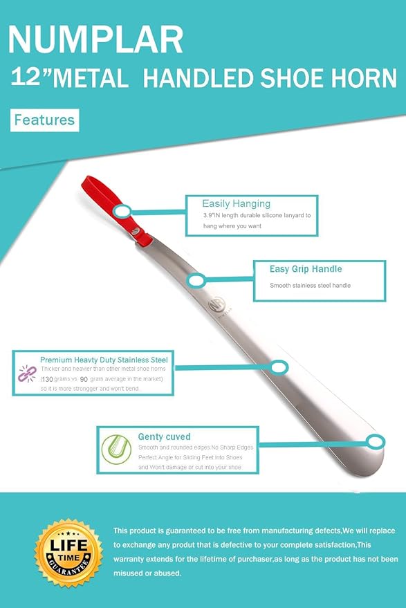 Metal Shoe Horn, Long handled Shoehorn for Men, Women, Kids, Seniors, Pregnancy, Boots and Shoes, Heavy Duty Stainless Steel with Silicone Lanyard (Red)
