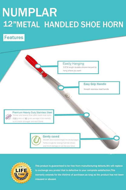 Metal Shoe Horn, Long handled Shoehorn for Men, Women, Kids, Seniors, Pregnancy, Boots and Shoes, Heavy Duty Stainless Steel with Silicone Lanyard (Red)