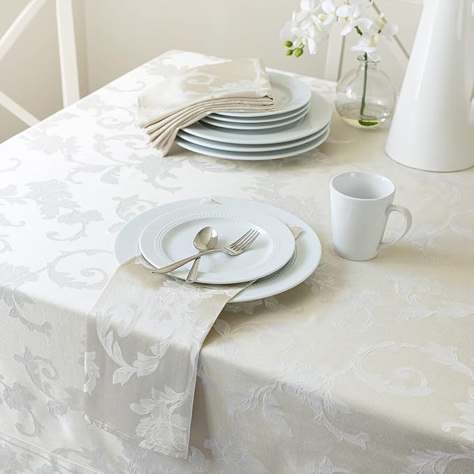 Benson Mills Harmony Scroll Woven Damask Fabric Tablecloth, Everyday, Parties, Special Occasions, Weddings and Holiday Table Cloth (60" X 94" Rectangular, Birch)