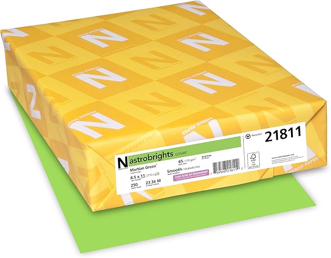 Wausau Papers Neenah Paper 21811 Astrobrights Colored Cardstock, 8.5a x 11a, 65 lb176 GSM, Martian Green, 250 Sheets