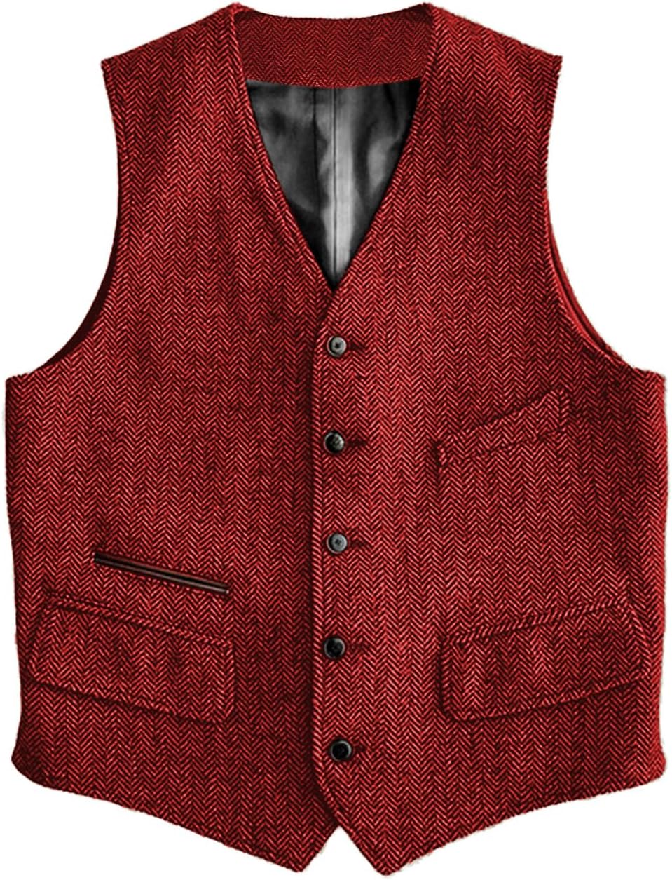 Mens Vintage Classic Herringbone Pattern Suit Vest V Neck Casual Wool Blend Waistcoat for Men