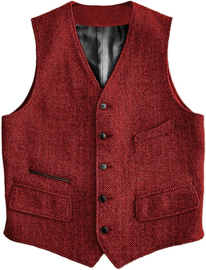Mens Vintage Classic Herringbone Pattern Suit Vest V Neck Casual Wool Blend Waistcoat for Men