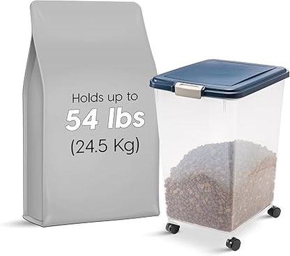 IRIS USA Airtight Dog Food Storage Container, Up to 54 lbs, Attachable Wheels, For Dog Cat Bird and Other Pet Food Storage Bin, Keep Fresh, Translucent Body, Easy Mobility, Navy