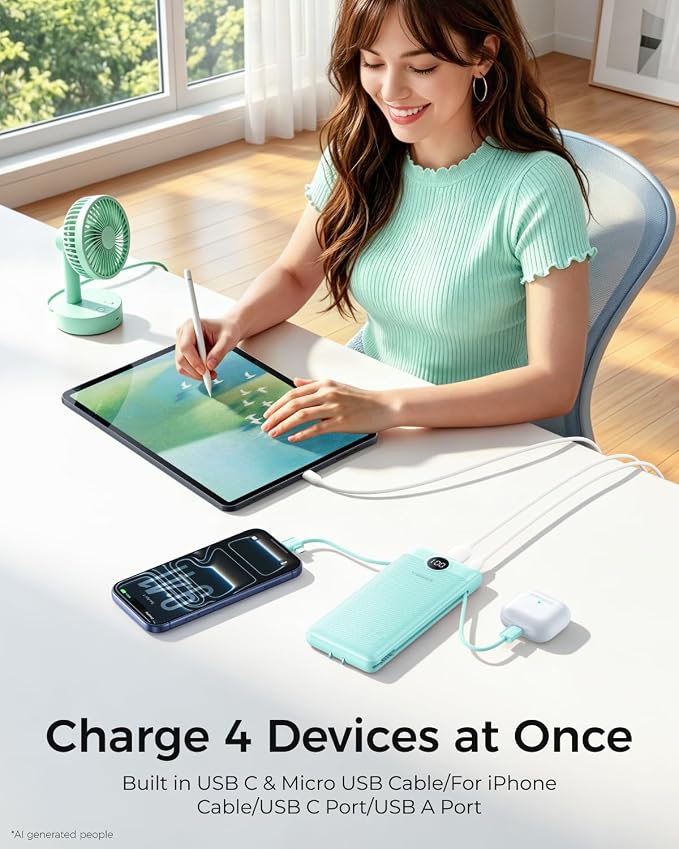 VEGER Portable Charger for iPhone, Power Bank Built in Cables and Wall Plug 10000mAh,Ultra Slim&Compact,5 Outputs,LED Display,Power Bank for iPhone,Samsung,Travel Essentials for Camping Cruise Business