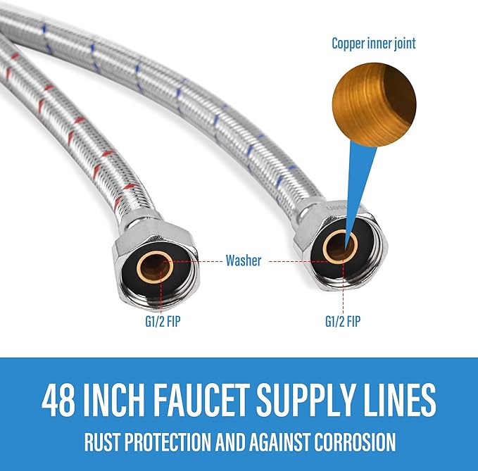 4 Pack 1/2" x 1/2" FIP Flexible Faucet Supply Lines, Bathroom Faucet Hose Connector, 304 Stainless Steel Braided Water Supply Line for Kitchen (24 Inch)