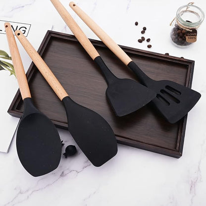1pcs Silicone Flexible Spatula with Wooden Handle, Heat Resistant Kitchen Utensils Rubber Spatula Black Non-Stick Flexible Scrapers Baking Mixing Tool