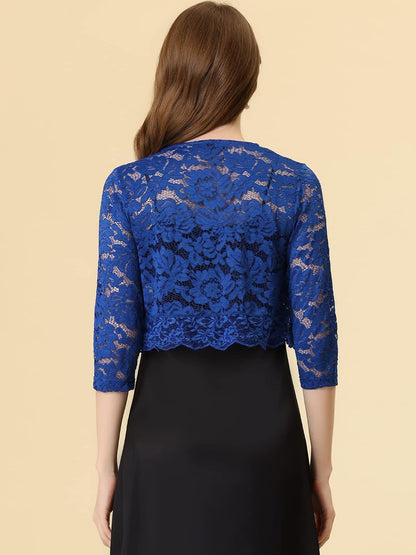 Allegra K Women's Elegant 3/4 Sleeve Sheer Floral Lace Shrug Top.