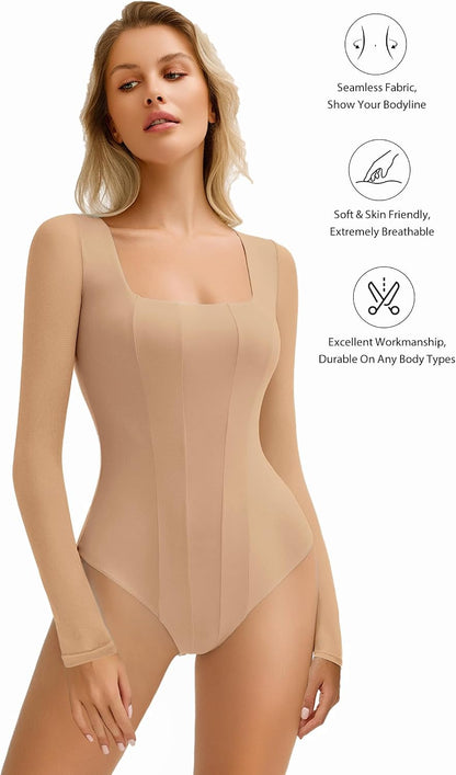 Avidlove Women's Long Sleeve Bodysuits Square Neck One Piece Body Suit Mesh Leotard Tops Double Lined Soft