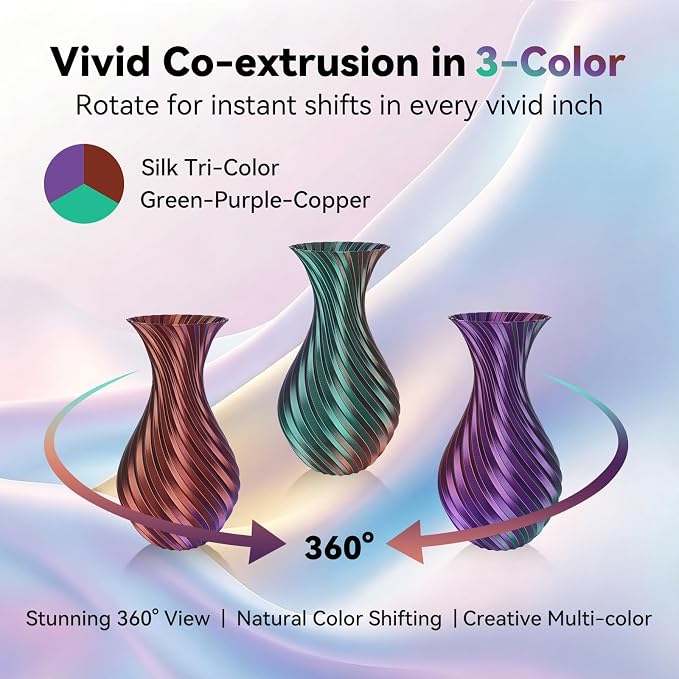 Kingroon PLA Filament, Multicolor Silk PLA Filament, Tri Color 3D Printer Filament, 1.75 mm, Dimensional Accuracy +/- 0.03 mm, 1kg Spool(2.2lbs), Green Purple Copper