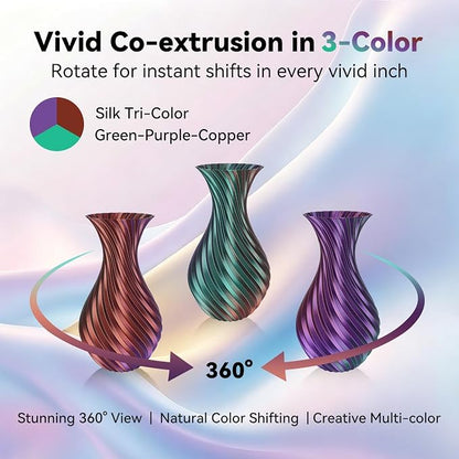 Kingroon PLA Filament, Multicolor Silk PLA Filament, Tri Color 3D Printer Filament, 1.75 mm, Dimensional Accuracy +/- 0.03 mm, 1kg Spool(2.2lbs), Green Purple Copper