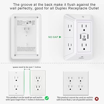 Multi Plug Outlet Surge Protector - POWRUI 6 Outlet Extender with 3 USB Ports (1 USB C) and Night Light, 3-Sided Power Strip with Adapter Spaced Outlets - White, ETL Listed