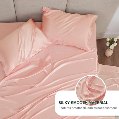 Love's cabin Satin Queen Sheet - 1 Piece Coral Silky Bed Sheet with Deep Pocket, Luxury Silk Feel Satin Queen Size Sheet (1 Flat Sheet)