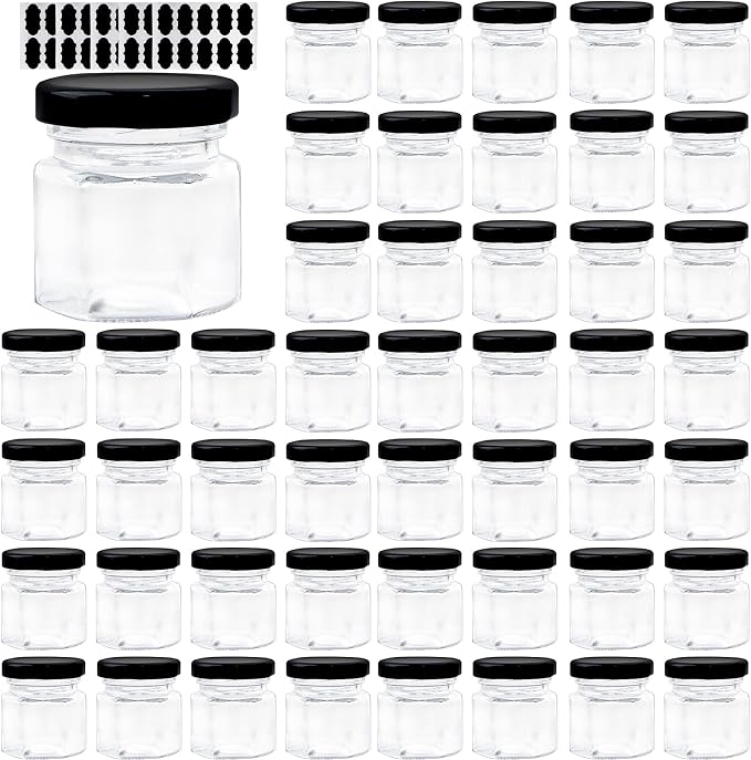 1.5 OZ Mini Hexagon Glass Jars, 48 Pack Empty Honey Jars Small Spice Jars with Black Lids and 50pcs Labels for Jam, Homemade Projects, Gifts, Wedding Party Favors