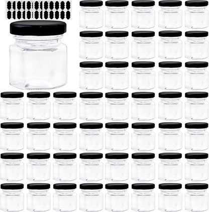 1.5 OZ Mini Hexagon Glass Jars, 48 Pack Empty Honey Jars Small Spice Jars with Black Lids and 50pcs Labels for Jam, Homemade Projects, Gifts, Wedding Party Favors