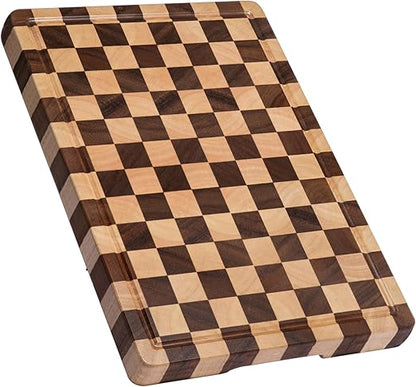 Cutting Boards for Kitchen, Design in USA Large Acacia Wood Chopping Board, Checkered Cutting Board with Juice Grooves & Handles, Butcher Block Serving Tray with Gift Box, 17" x 12" x 0.8"
