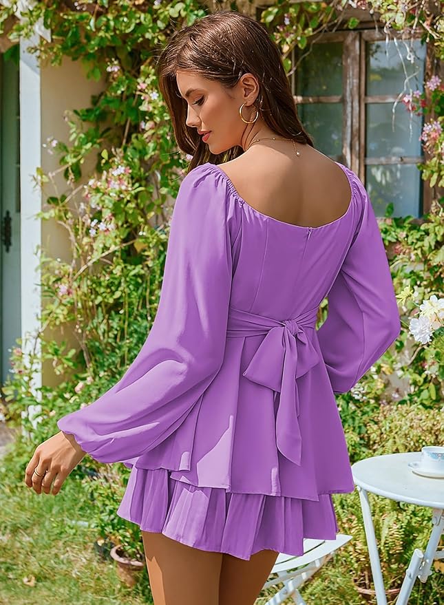 Linsery Womens Ruffle Long Sleeve Short Rompers Sexy Layered Tie Waist Chiffon One Piece Outfits Solid Jumpsuit