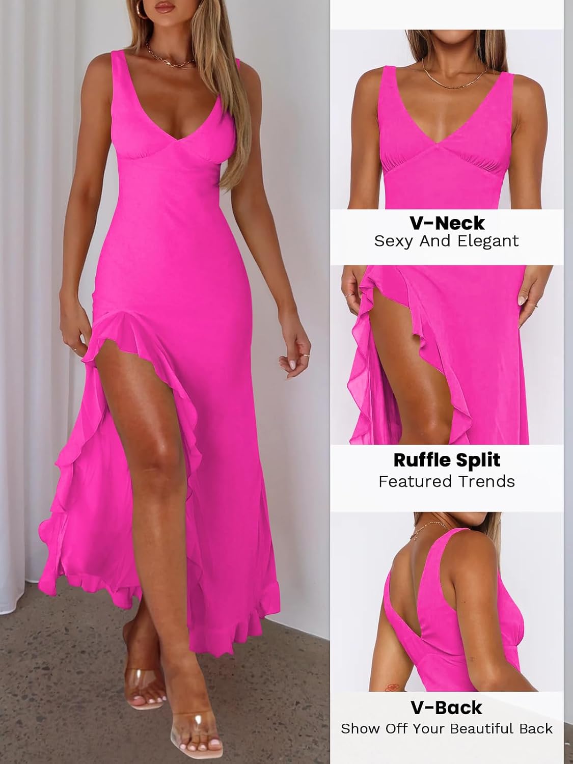 Sleeveless, backless maxi dress with sexy v-neck, high slit, and mesh ruffle hem for chic, romantic look.