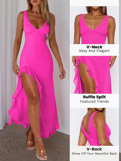 Sleeveless, backless maxi dress with sexy v-neck, high slit, and mesh ruffle hem for chic, romantic look.