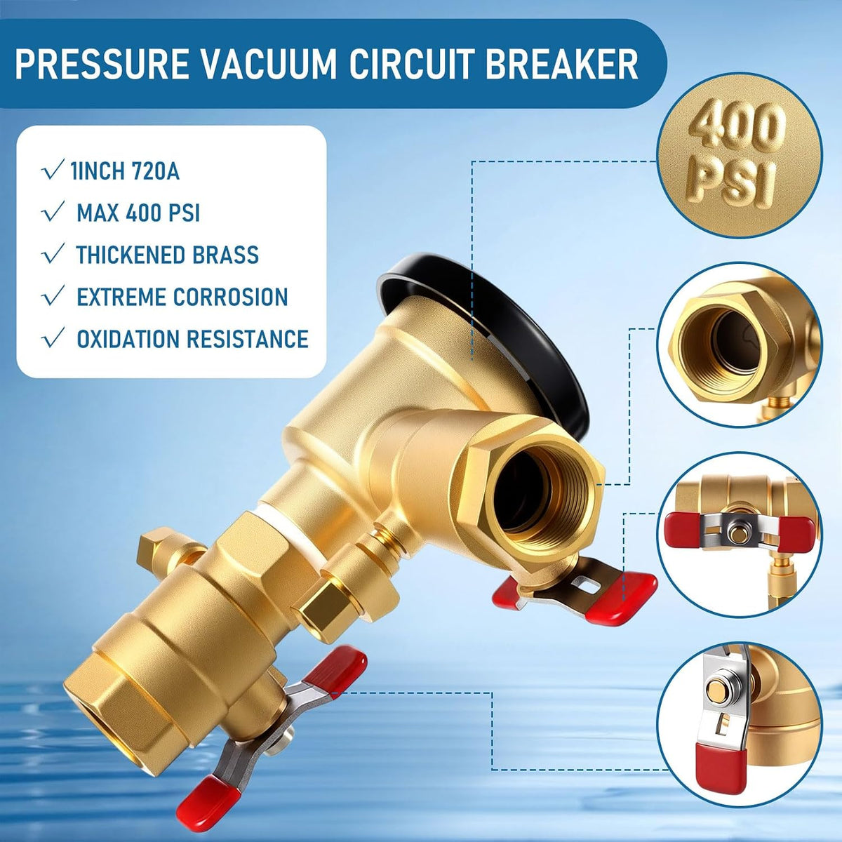 1 Inch Pressure Vacuum Breaker Assembly with Breaker Repair Kit, Brass Valve Cover for Water Lines Max 400 PSI Backflow Preventer Maintain Plumbing System, Red