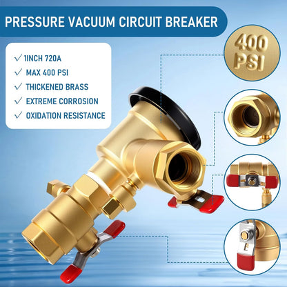 1 Inch Pressure Vacuum Breaker Assembly with Breaker Repair Kit, Brass Valve Cover for Water Lines Max 400 PSI Backflow Preventer Maintain Plumbing System, Red