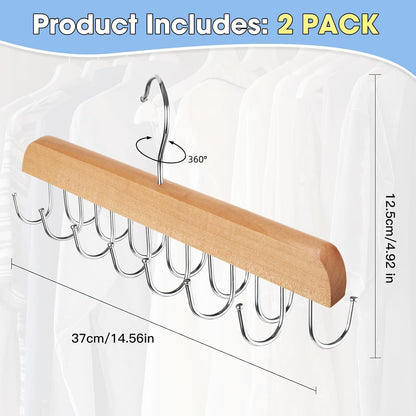2 Pack Hat Hangers for Closet, 14 Hook Cap Organizer, Wood No Assembly, Double-Sided Hooks, Rotates 360°, Hardwood And Stainless Steel, For Caps, Belts, Ties, And Scarves