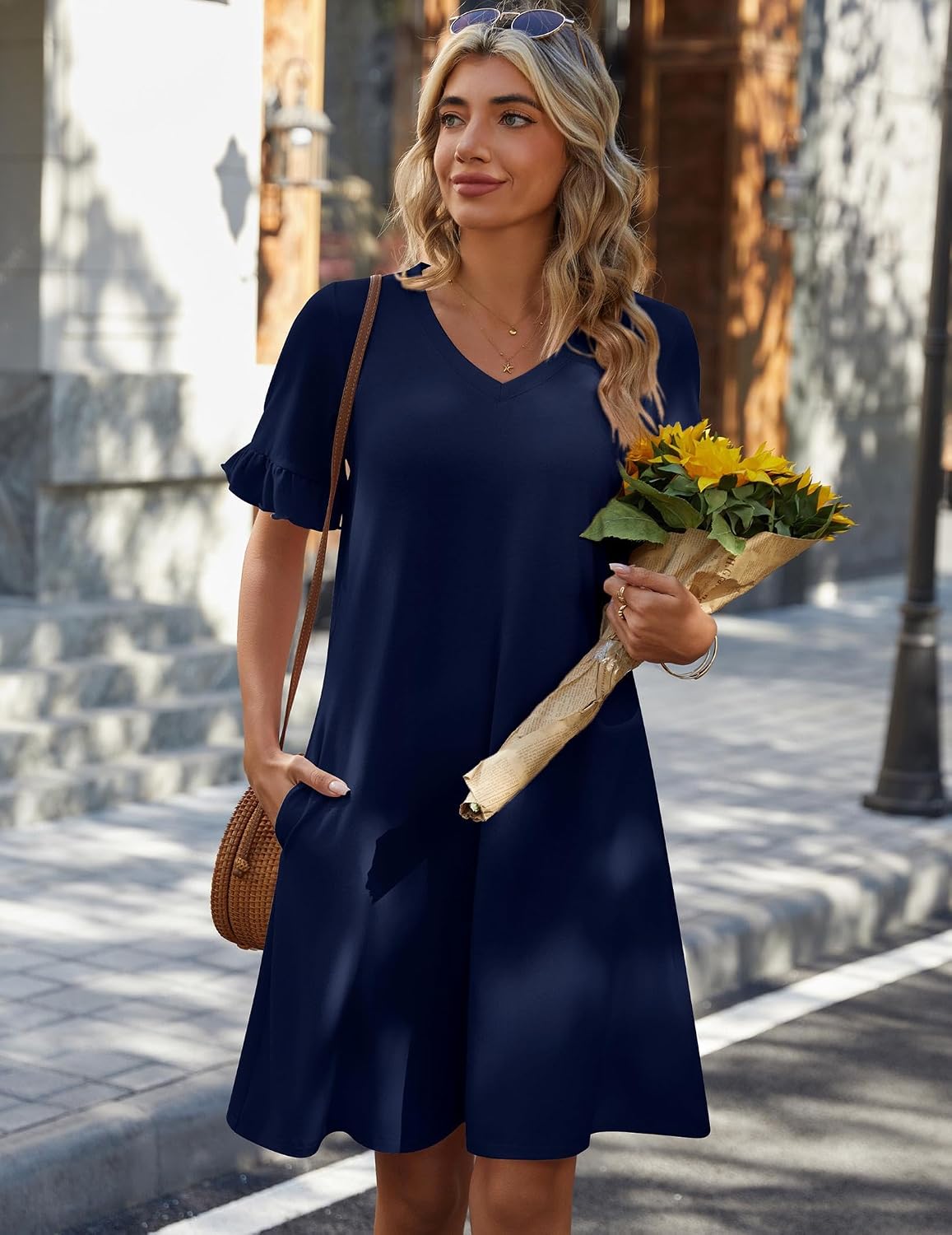 Zeagoo Summer Casual Dresses for Women A Line Sun Dress Ruffle Short Sleeve V Neck Floral Tshirt Dress with Pockets