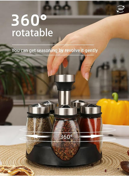360 Rotating Spice Rack, 6PC Spinning Glass Spice Jars Suitable for kitchen countertops, spice storage, cooking, outdoor BBQ,(Spices Not Included)