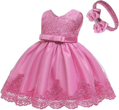0-6T Toddler Baby Girl Embroidered Tutu Ball Gown Lace Dresses with Headwear.