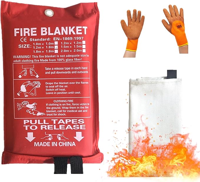 Fiberglass Fire Blanket with Flame-Retardant Cotton Tapes,Emergency Fire Blankets for Home,Kitchen,Car,Hotel,47?o71Inches, with Gloves,Safety Equipment Kitchen fire Extinguisher