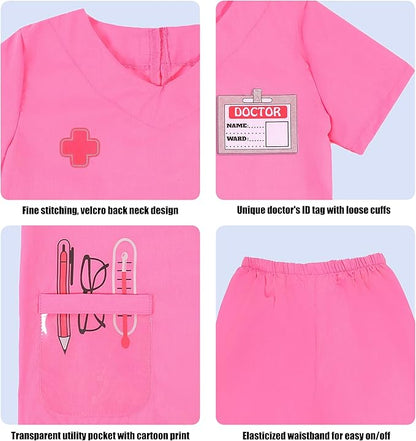 Kids Scrubs for Girls Kids Doctor Costume 7pcs Play Kits with Costume and Accessories for Halloween Parties