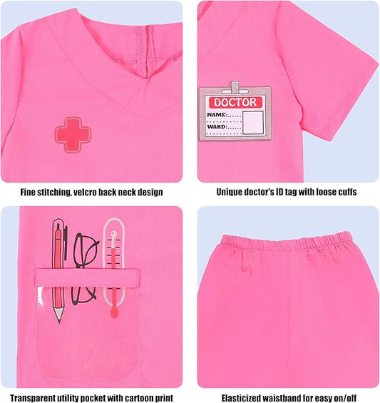 Kids Scrubs for Girls Kids Doctor Costume 7pcs Play Kits with Costume and Accessories for Halloween Parties