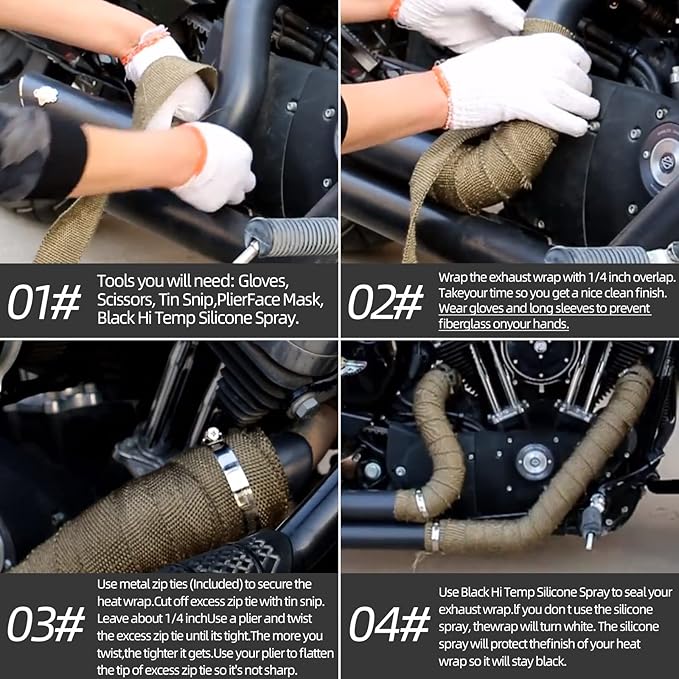 Titanium Exhaust Heat Tape Wrap, 2Aux 50 Ft, Motorcycle Fiberglass Heat Shield Tape With Stainless Ties