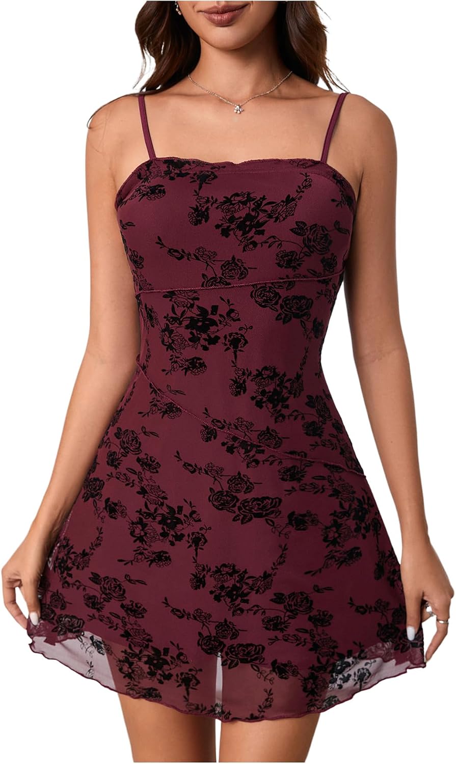 Verdusa Women's Mini Dress Floral Spaghetti Strap Mesh Short Dresses Going Out Sundress Y2k Gothic Clothes